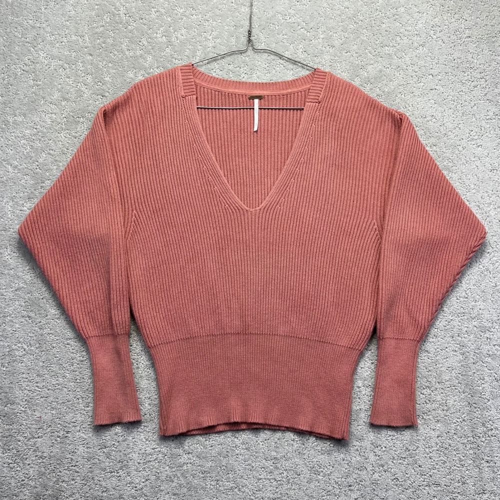 Free People Sweater Womens XS Pink Ribbed Knit V-Neck Dolman Pullover OB560480